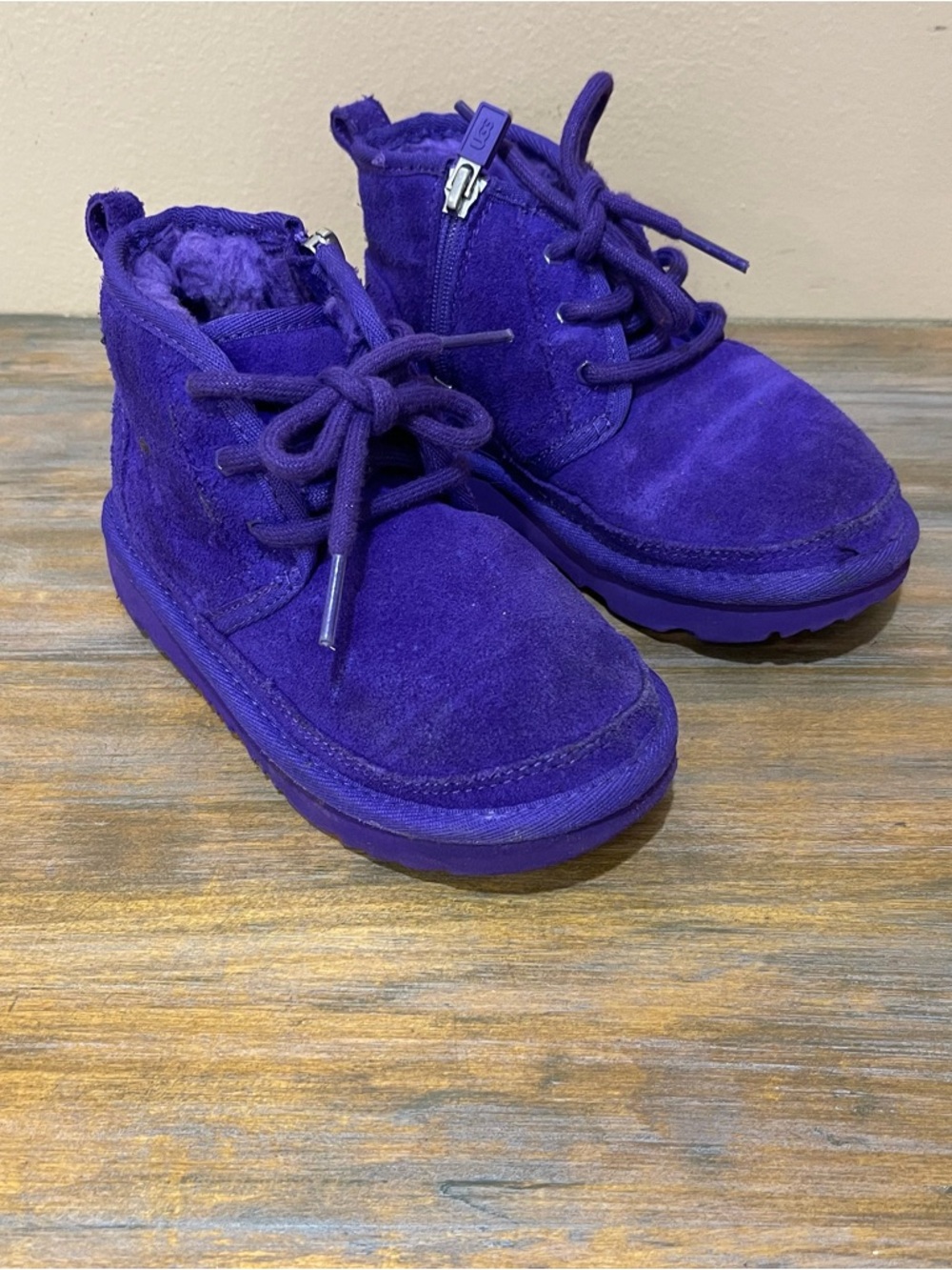 UGG Neumel II Lace Up Kids Boots Purple Suede Fuzzy Side Zip Little Girls 10